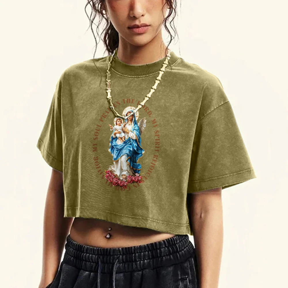 Classical Goddess Statue Printed T-Shirt Women Washed Fashion O-Neck Crop Top Street Hip Hop Tee Shirts Cotton Casual Clothing