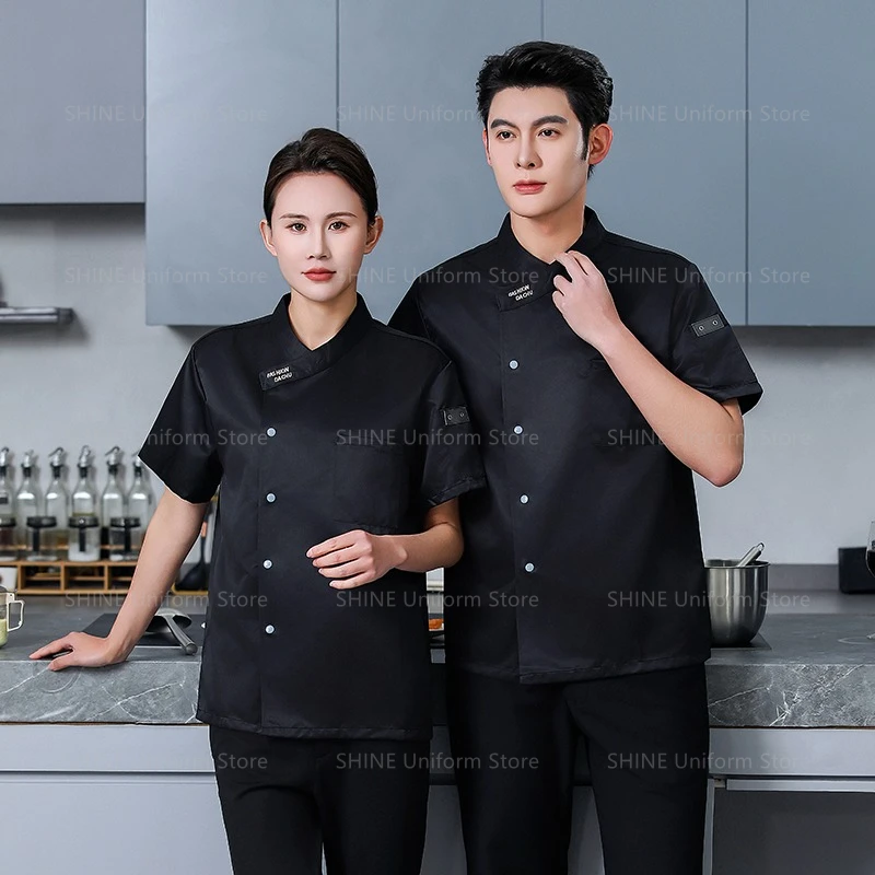 Uniforme de Chef noir, tablier de Restaurant, manches courtes, Short de Chef, veste de cuisine, manteau de Chef respirant, vêtements de travail d'été pour hommes, Logo