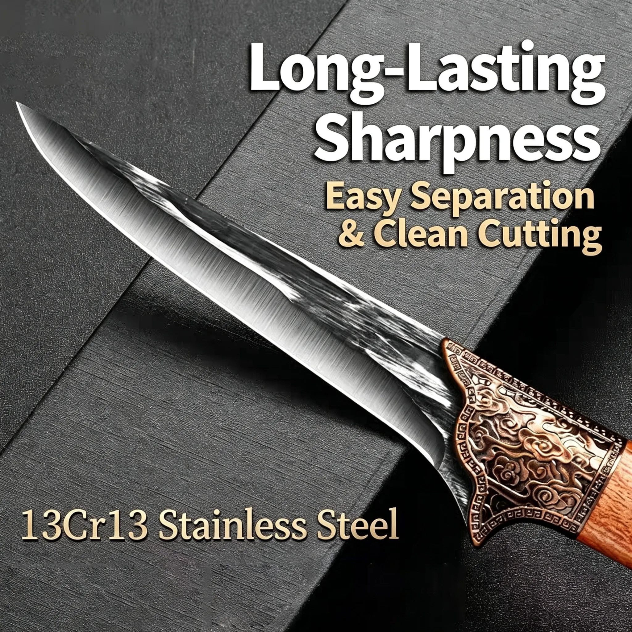 Professional kitchen knife with high-end stainless steel blade, sharp edge bone removal function, retro design, anti-slip handle