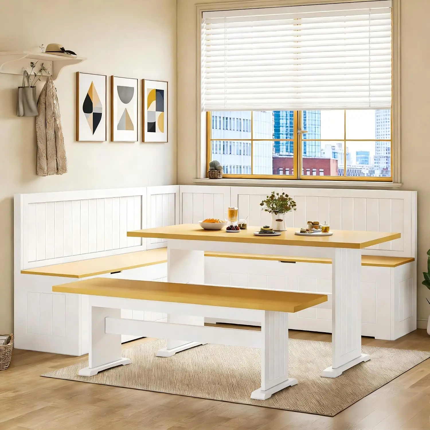 L-Shaped Dining Set with Hidden Storage Bench, 3 Piece Kitchen Nook with Cushion, Flip Top Space Saving Bench, White, Customized