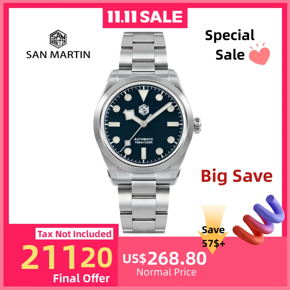

San Martin 38mm Explore Watch For Men NH35 Mechanical Automatic Sport Wristwatch New BGW-9 Bracelet 100M Waterproof SN0107-3/4