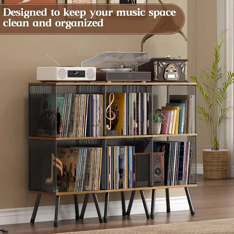 Vinyl Record Storage Rack 2-Tier with Adjustable Dividers - Retro Storage Box for Classical Music, Home Decor for Living Room view 3