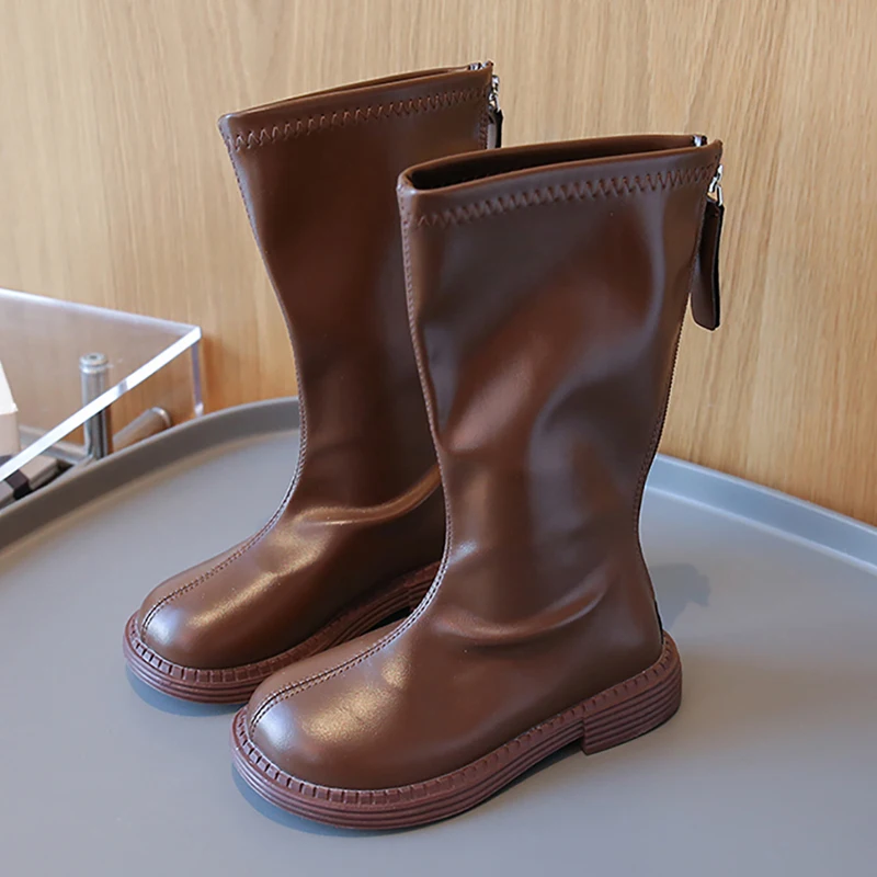 

Autumn Winter Children's Long Boots Girls PU Leather Calf Length Boots Kids Waterproof Anti-slippery Girls Vintage Long Boots