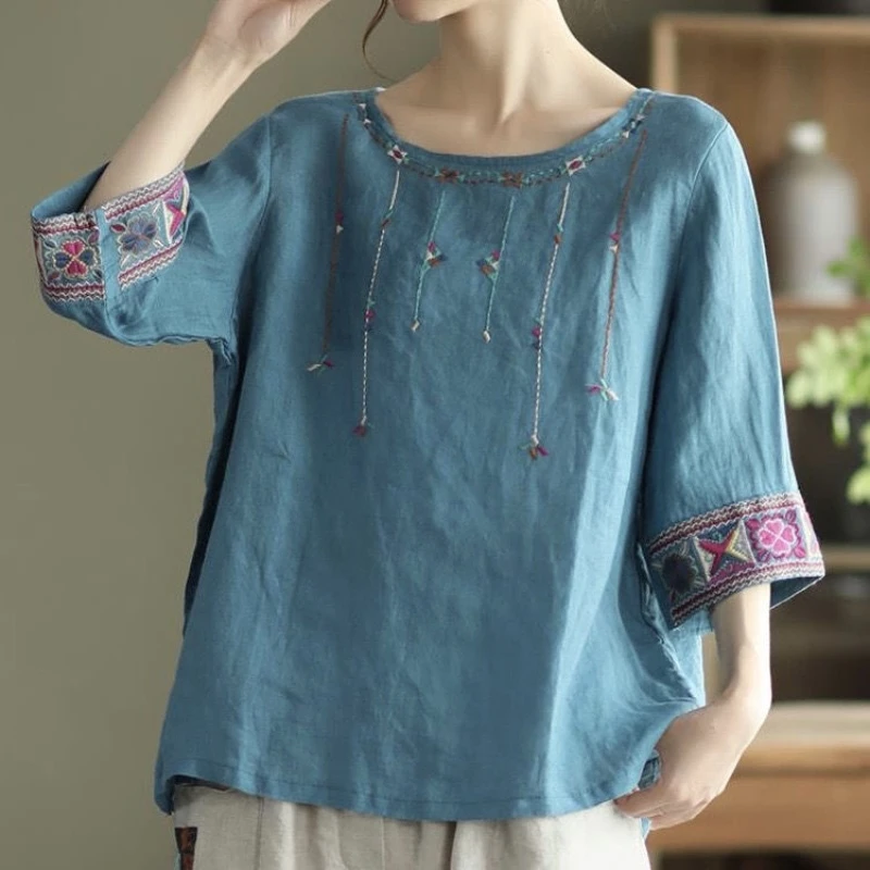 2024 New Summer Retro Ethnic Style Fashion Casual Versatile Loose Round Neck Half Sleeve Printed Embroidered Women\'s T-shirt Top