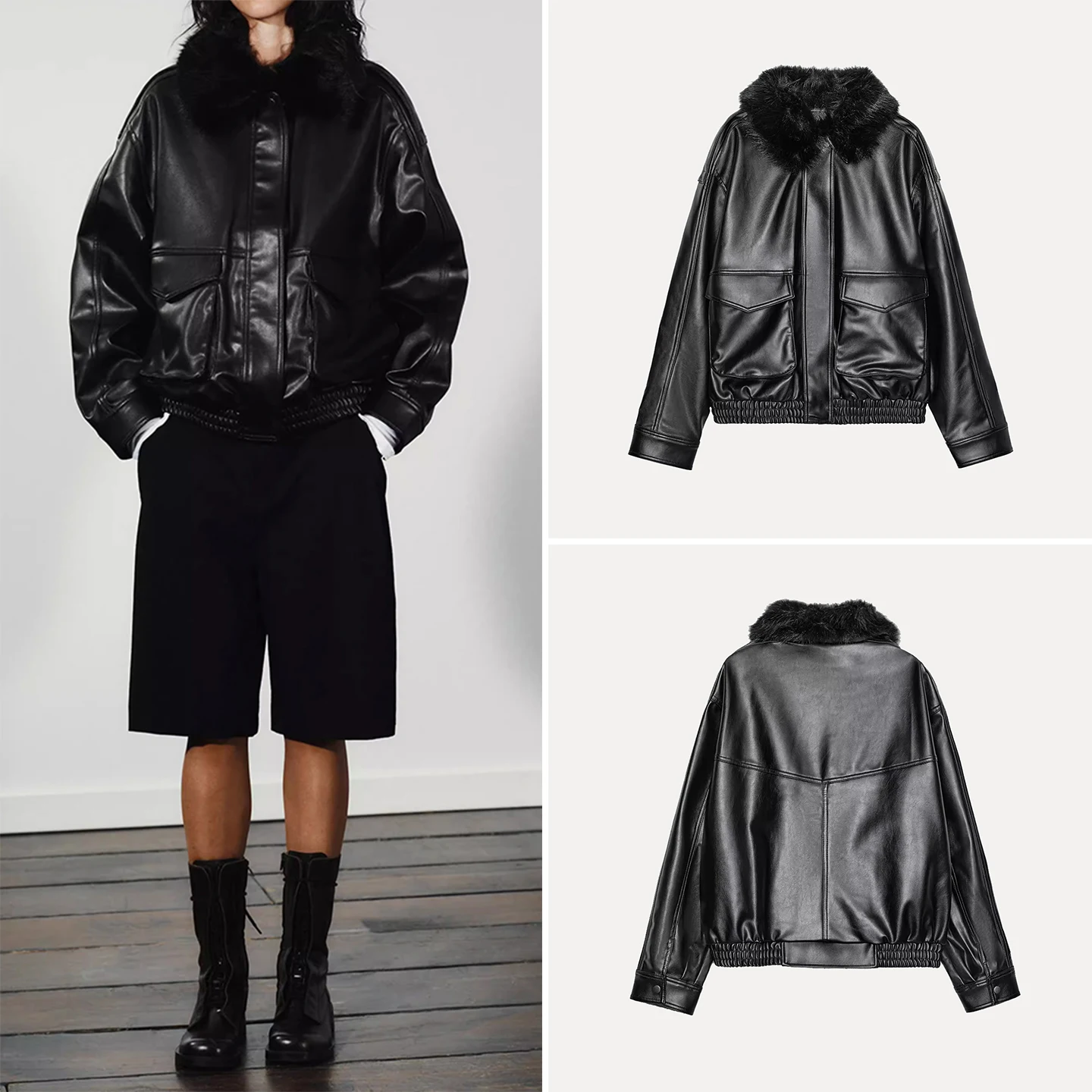 Faionable Detachable Artificial Leather Collar Jaet Women's Sle Autumn New Arrival Z Brand Commute Sle Loose Fit