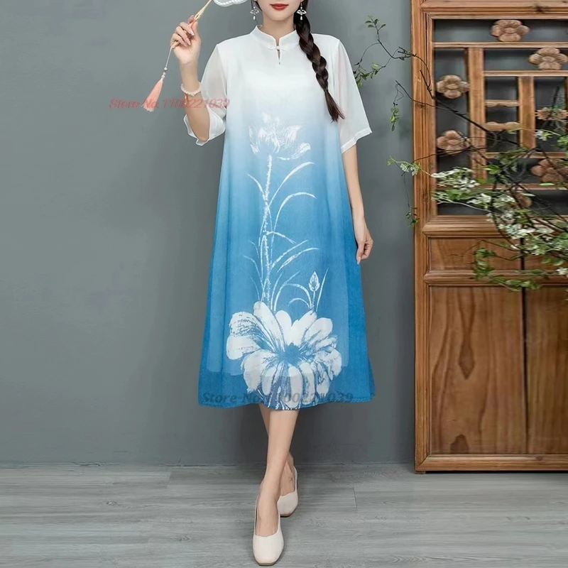 

2024 chinese vintage dress improved cheongsam national flower embroidery chiffon qipao oriental banquet evening dress vestido