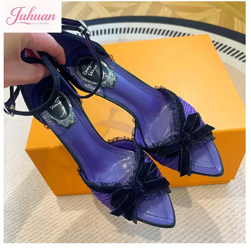 

Лето 2022, сандалии с острым носком и открытым носком, тканевые мятые сандалии-мешки, тонкие банкетные платья на высоком каблуке, универсальные женские сандалии