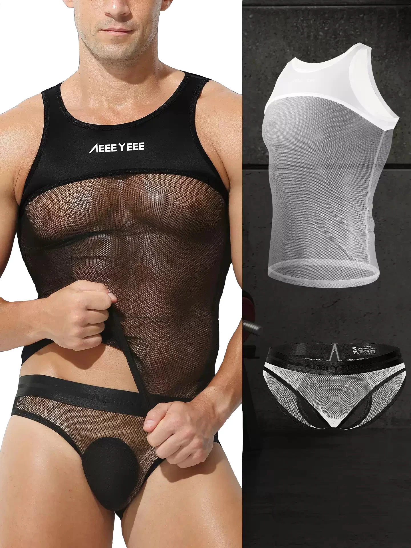 Men's Sexy Sleeveless Mesh Tank Top And Briefs Set Tight Strapless Net Clothing Backless Underwear Two-Piece Net Lace Outfit