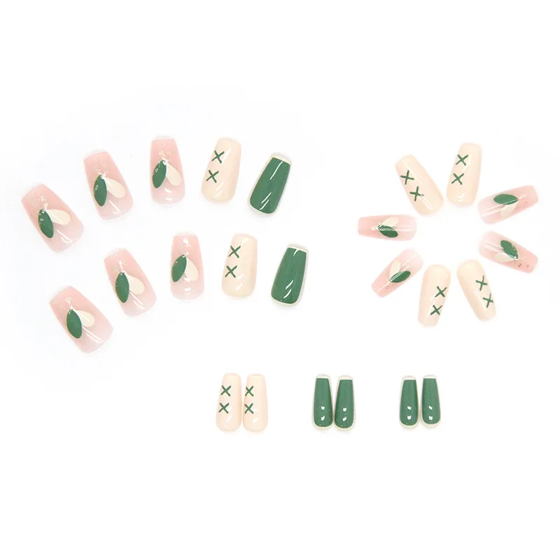 

24Pcs Medium Coffin Press-on Nails: Icy Pink & Milky Green Color Block with Green XO Symbols - Playful & Fresh