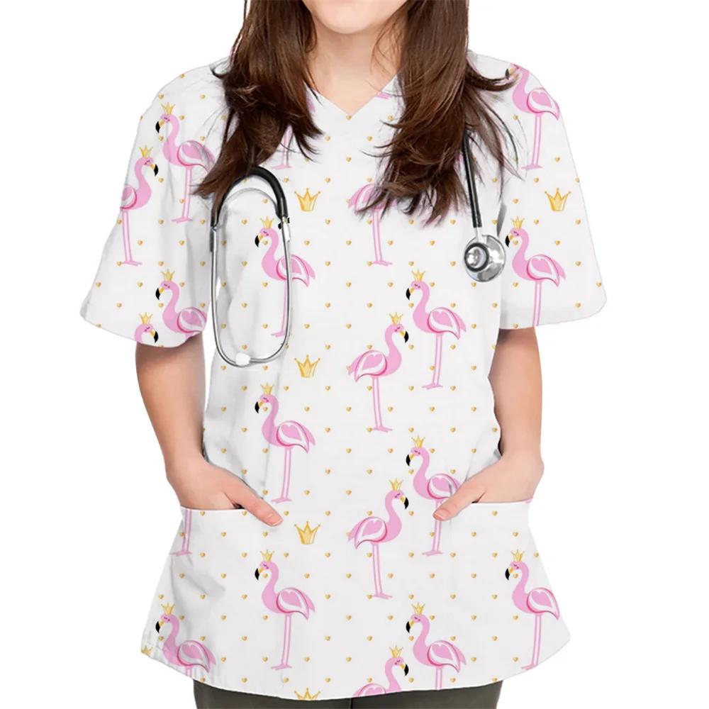 Surgical Uniform Woman Versatile Bird Print Surgical Gown Woman Short Sleeve Patch Pocket Top Dental Medical Uniform for Women