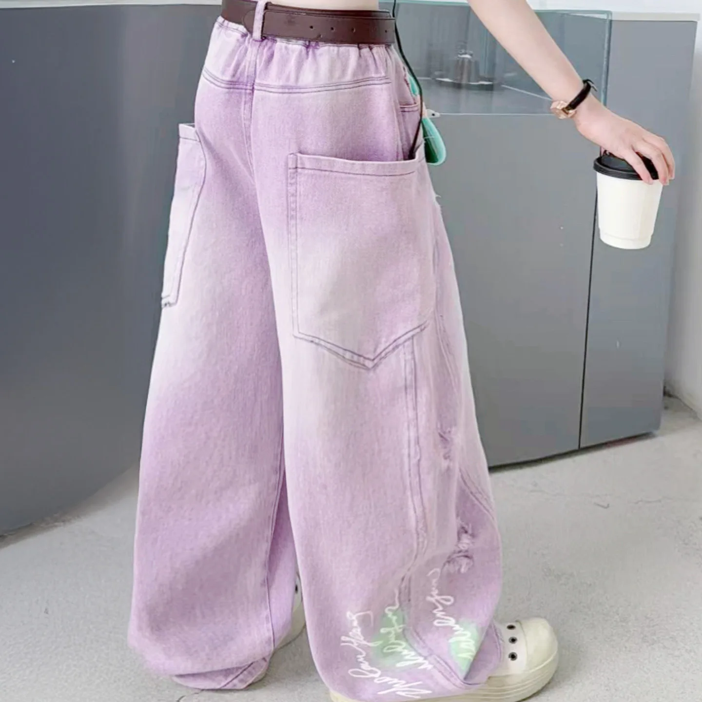 Teenager Girls Summer Ripped Jeans Teens Purple Holes Curved Knife Pants Spicy American Retro Loose Denim for Kids 4-14 Years