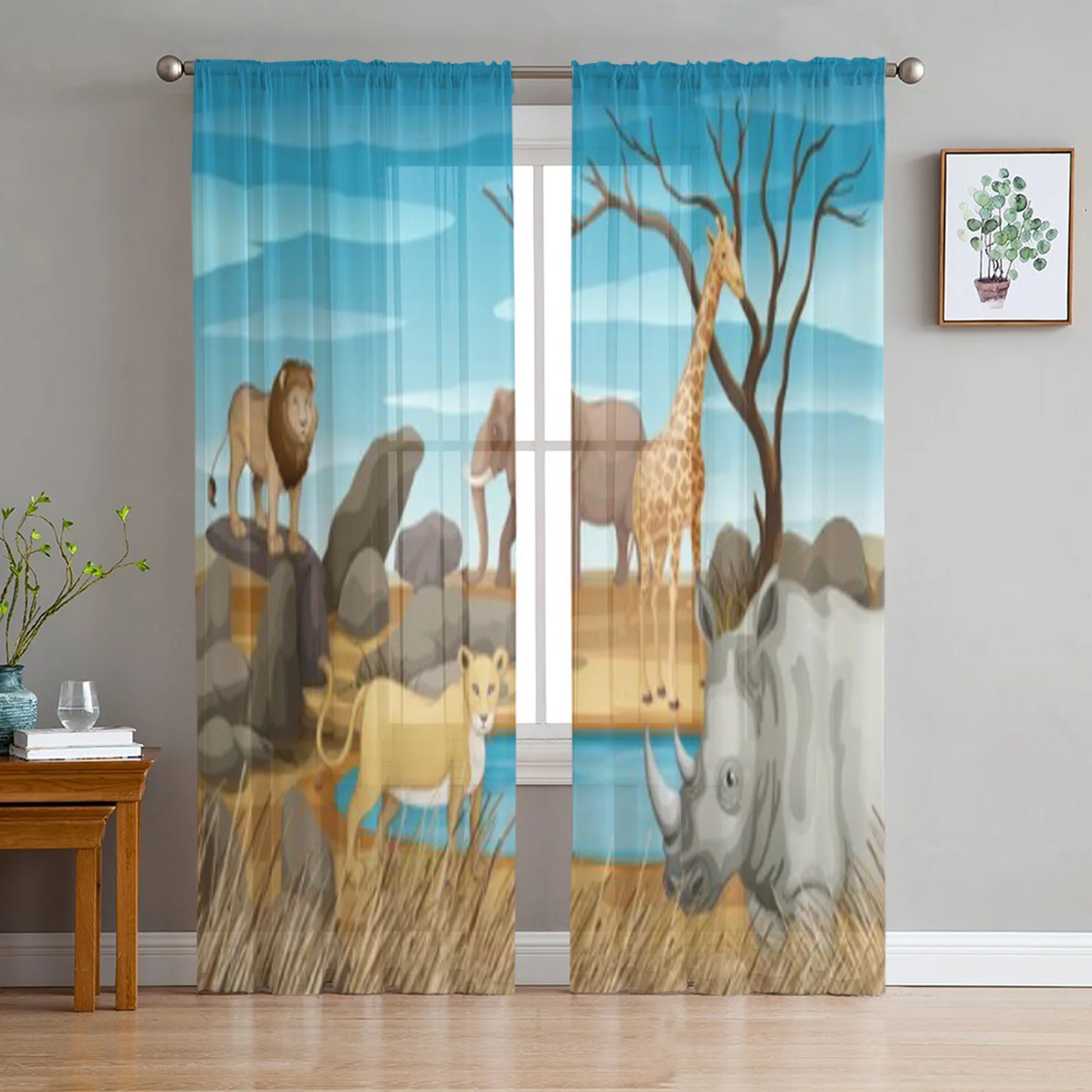 Wild Animals In The Field Sheer Curtains for Living Room Transparent Tulle Window Curtain Bedroom Kitchen Home Decor Veil Drapes