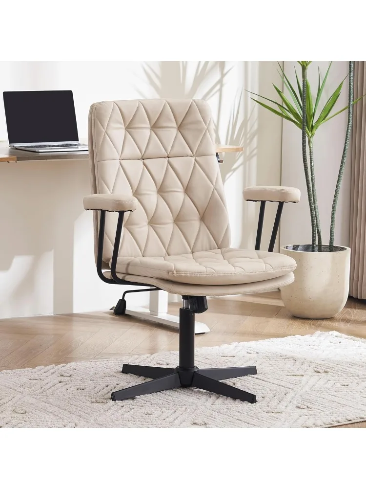 

Chair No Wheels with Arms Crossleg Stationary Ergonomic Soft Cushion Home Office Swivel Working Computer Chair Cream White