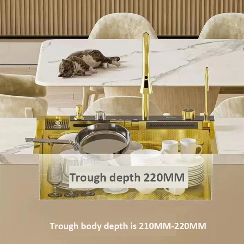 Gold Multifunctional Kitchen Sink with Digital Display High Quality Stainless Steel Waterfall Large Single Basin with Copper Fau