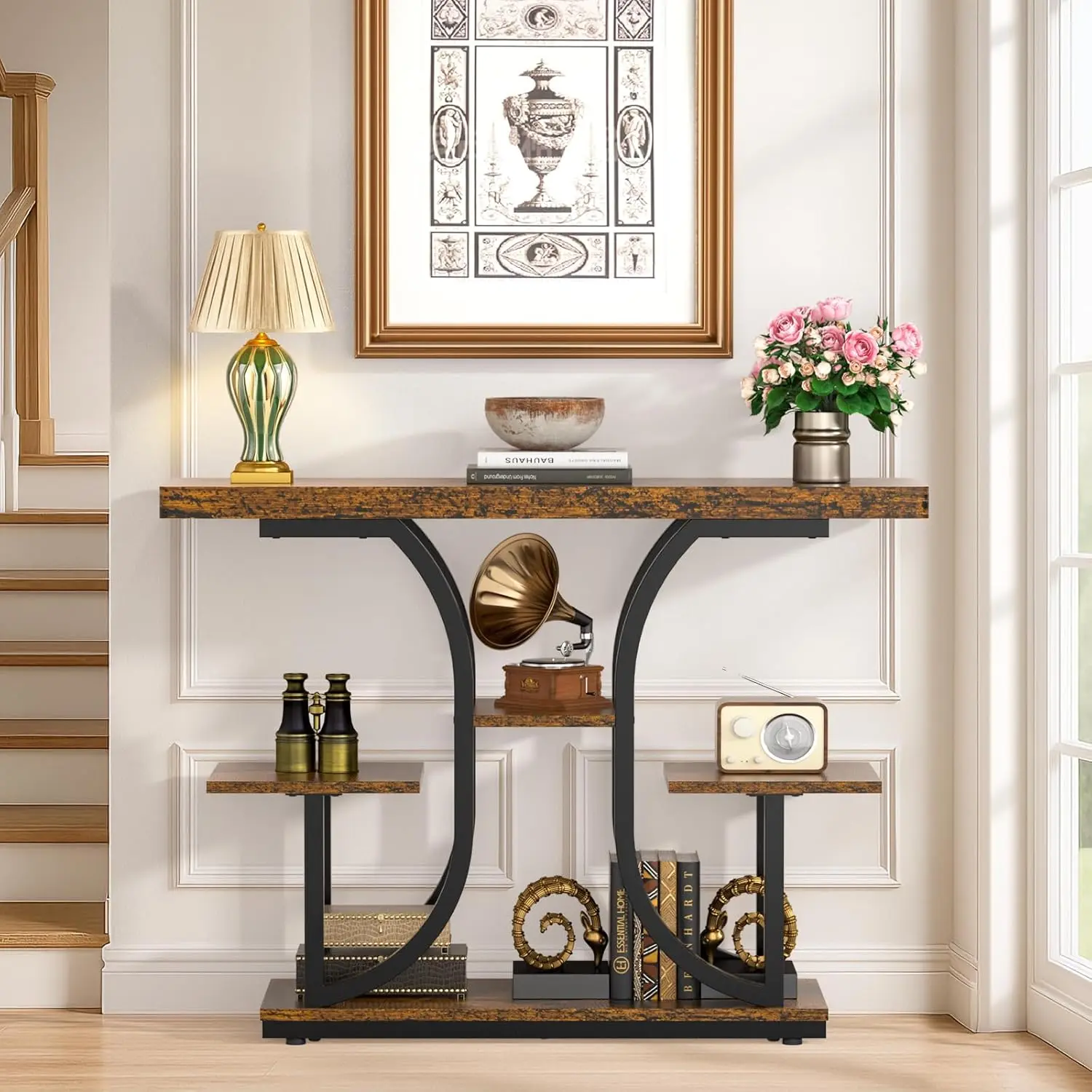 42.5" Console Table, Industrial 4-Tier Sofa Table Entryway Table with Curved Base, Narrow Wood Accent Tables with Storage Shelve