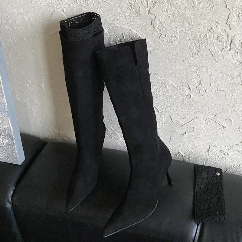 

Aneikeh/зимний дизайн, пикантные банкетные туфли на тонком высоком каблуке, длинные женские сапоги до колена с сетчатой пряжкой и острым носком