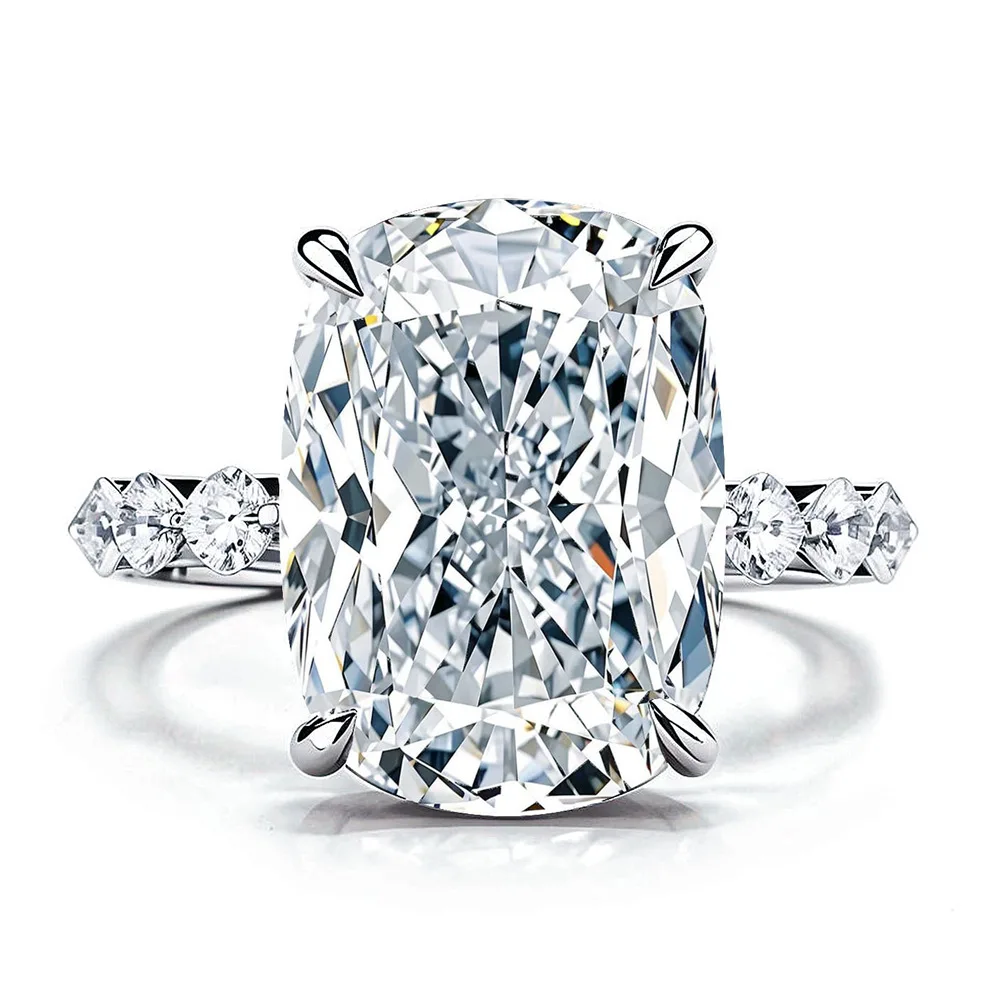 

S925 Серебро с родиевым покрытием 10CT D Цвет Большой муассанит 10x14 мм Длинная подушка Обручальное кольцо для женщин, изысканные ювелирные изделия