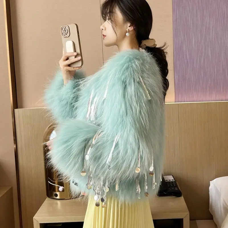 

Winter Faux Fur Jacket Women 2025 New Short Style Fashion Luxury Long Hair Fox Fur Tassel Imitation Raccoon Fur Coat