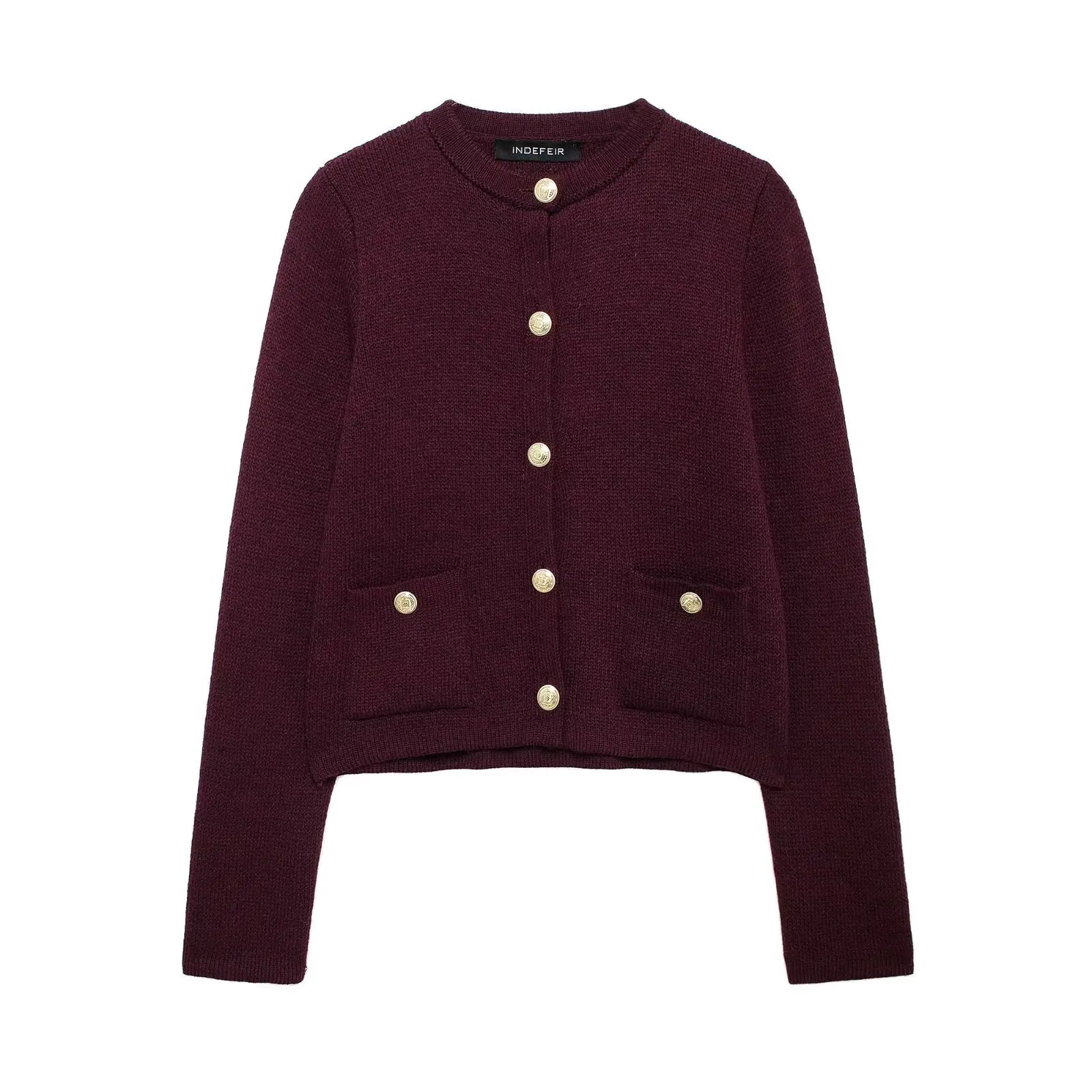 Autumn knitted tops women's trendy wine red round neck long sleeve pocket single breasted cardigan women's fashion jacket TRAF