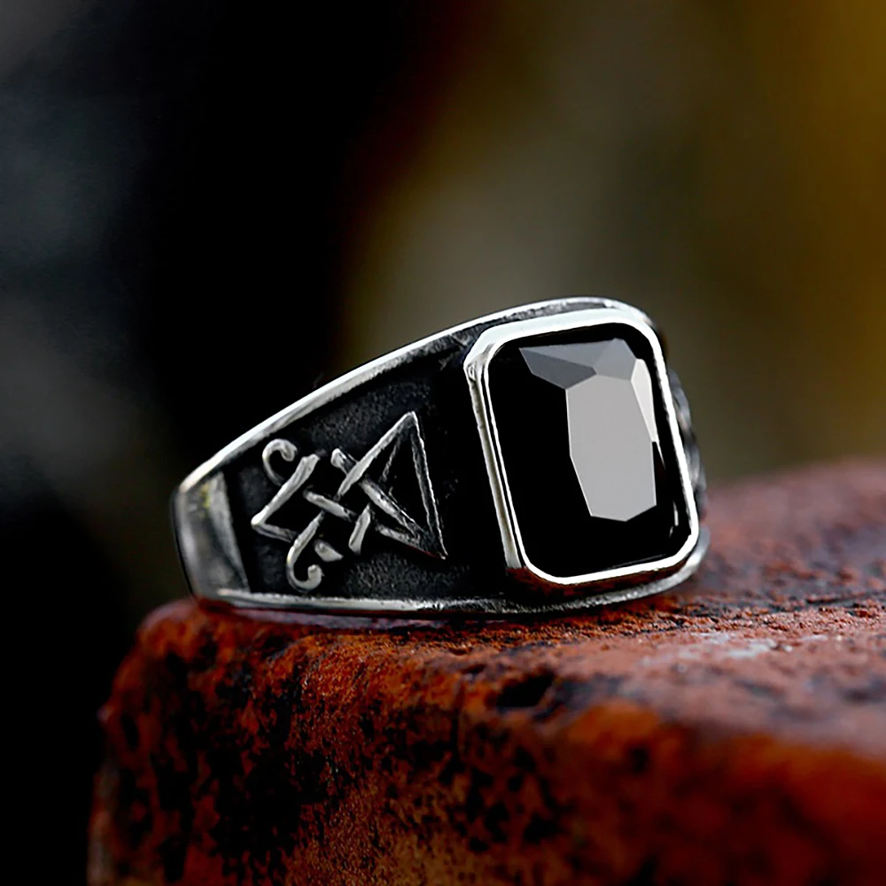 

Vintage Stainless Steel Lucifer Satan Signet Rings Fashion Punk Black Stone Ring For Men Women Gothic Amulet Jewelry Wholesale