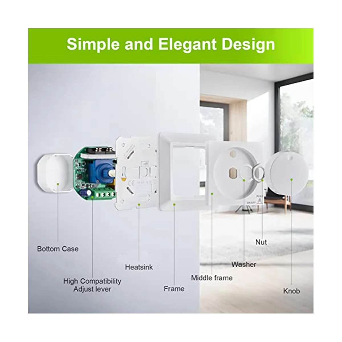 LED Dimmer Switch, Flush-Mounted Dimmer for Dimmable LED and Halogen, 5-300 W Dimmer Switch LED, Phase Control Dimmer