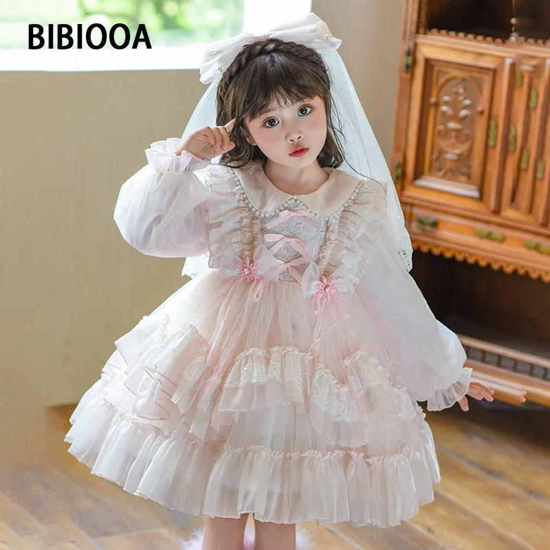 

Pink Princess Lace Dress for Girls with Fluffy Skirt Cute Bow Decoration Yellow Layered Ball Gown Kids Costume Lolita Style