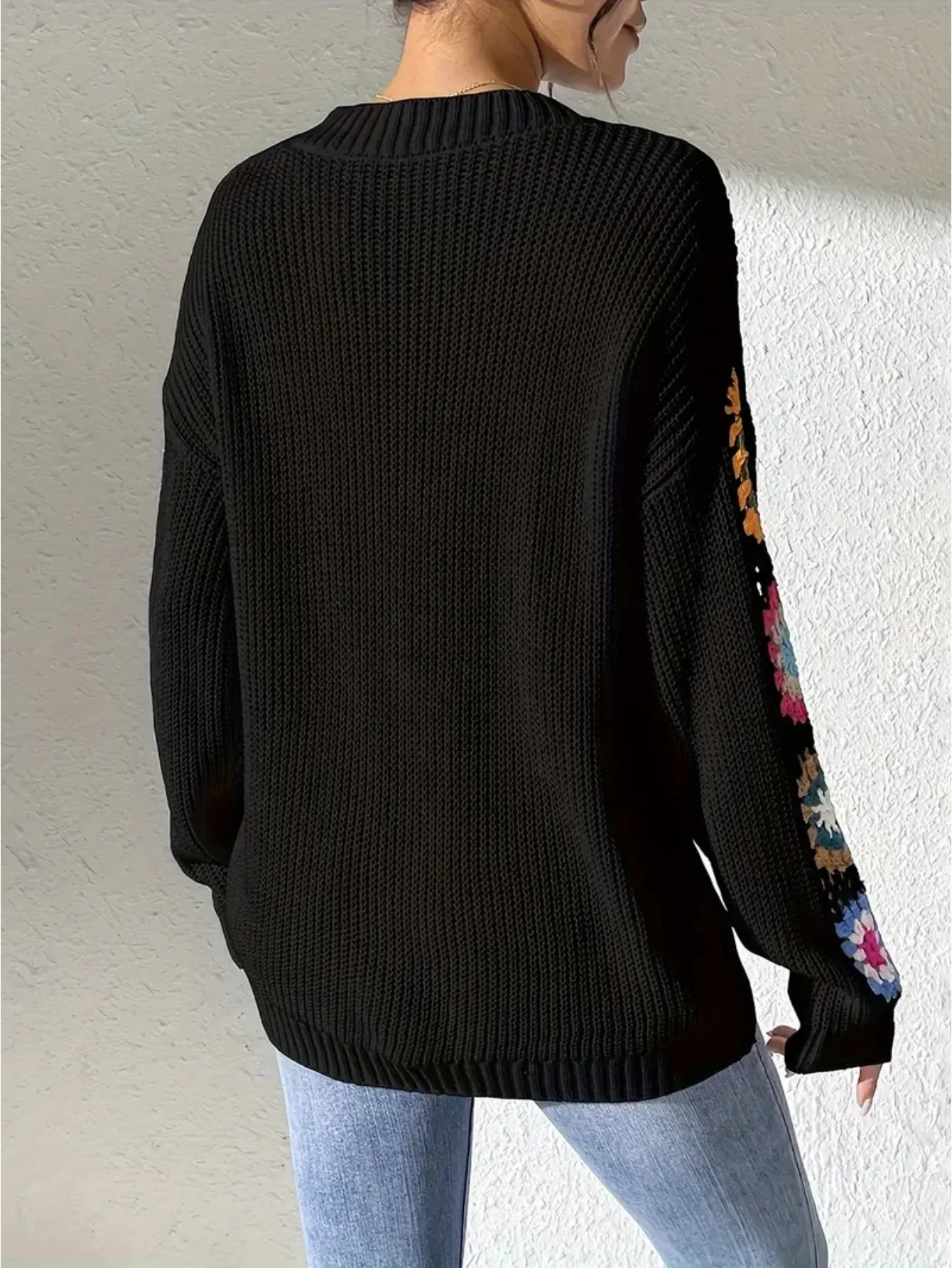 Elegant Solid Color Sweater With Embroidery Design, Unique Cuff Detail, Suitable For All Occasions