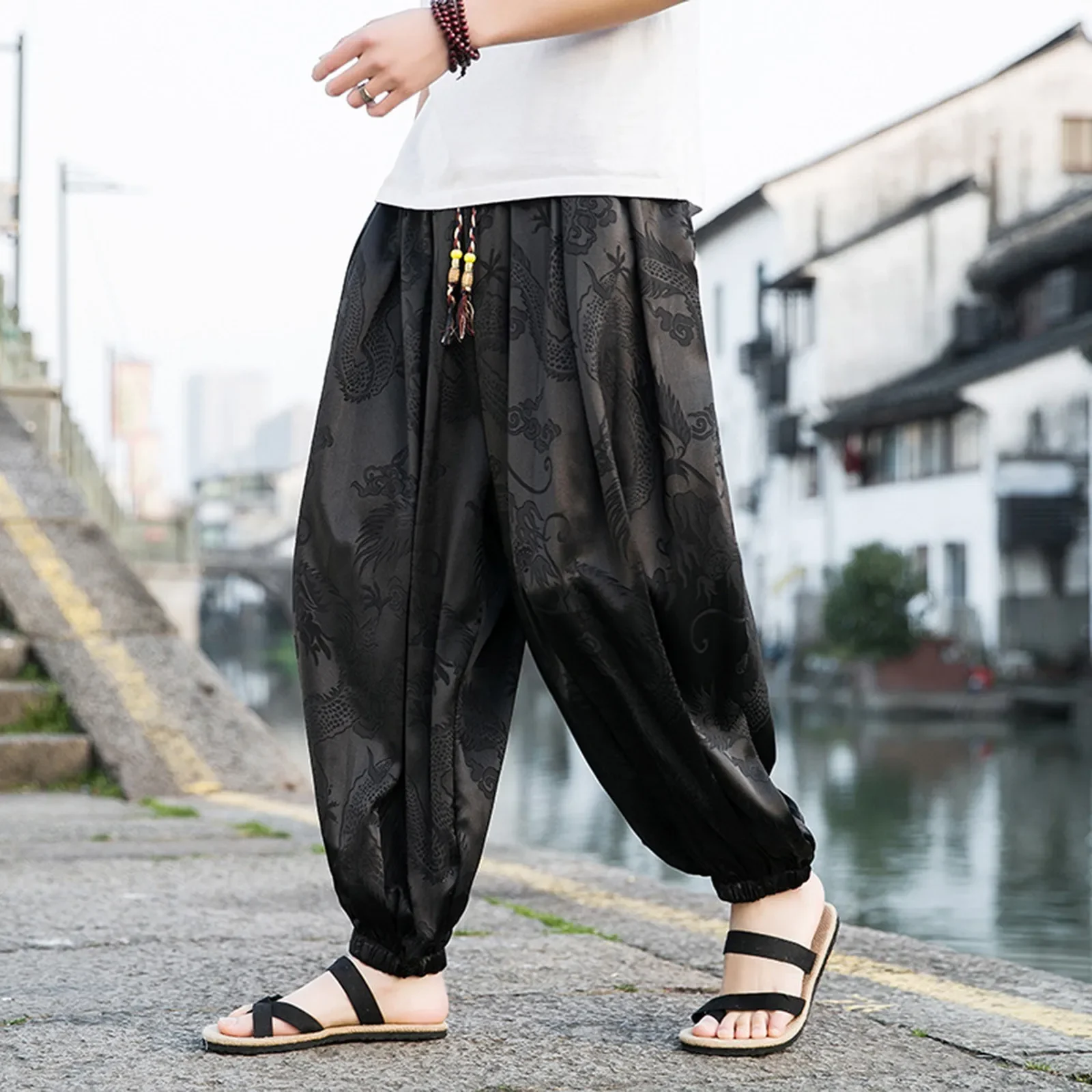 

2024 Outdoor Brand Pants For Men Silk Dragon Dark Flower Loose Bloomers High Quality Wide Leg Casual Pants Male