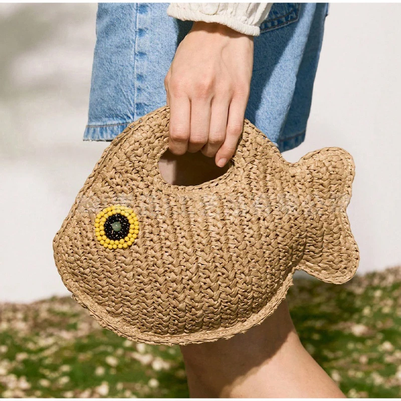 Goldfischförmige Clutch aus Papierseil, handgefertigte Damen-Handtasche mit Henkel, leichte, lässige Sommer-Strand-Party-Abendtasche – Detail 3