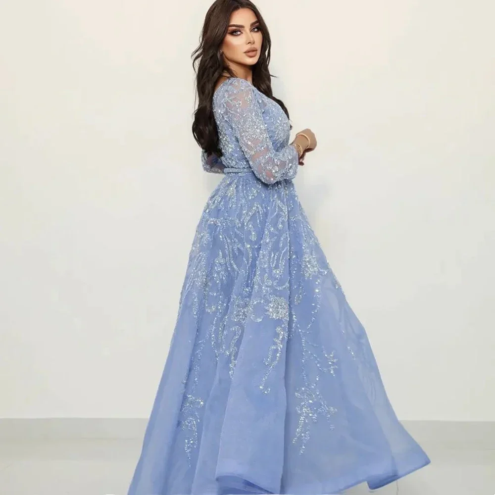 Robe de Soirée Trapèze Bleue et Élégante pour Femme, Tenue Personnalisée avec Perles de Luxe, Manches sulf, pour ixet Oc Spécial, Arabie Saoudite