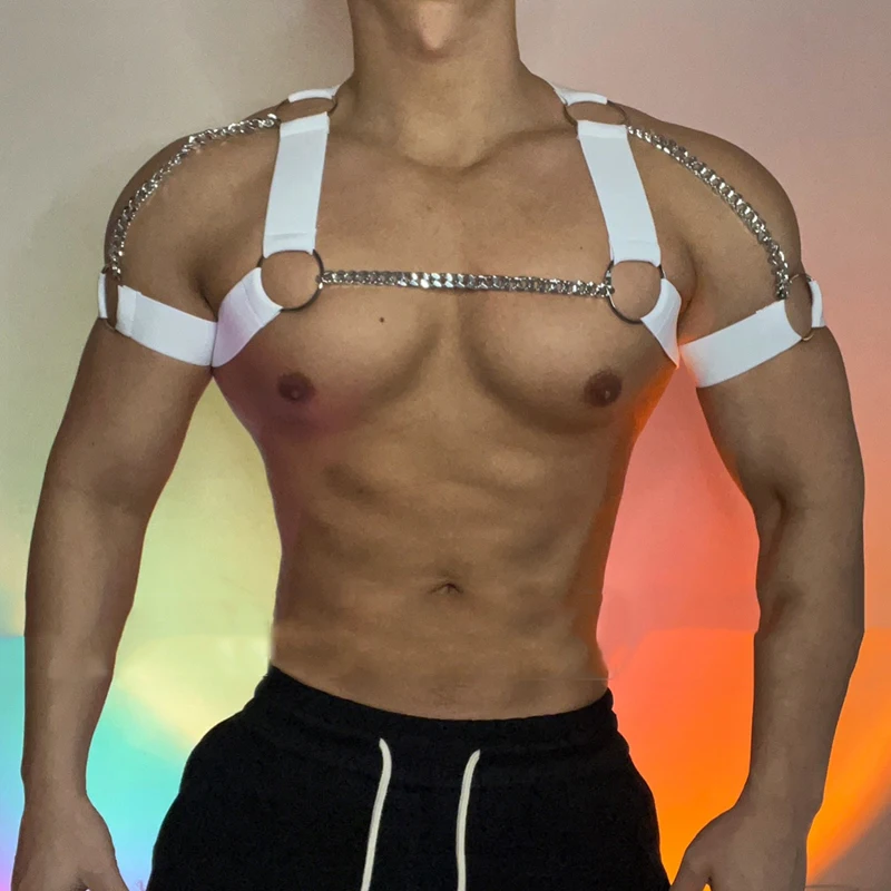 Muscle Man Pole Dance Kostüm Metall Kette Stretch Brustgurt Zubehör Nachtclub Gogo Tänzer Outfit Dj Ds Clubwear yj988