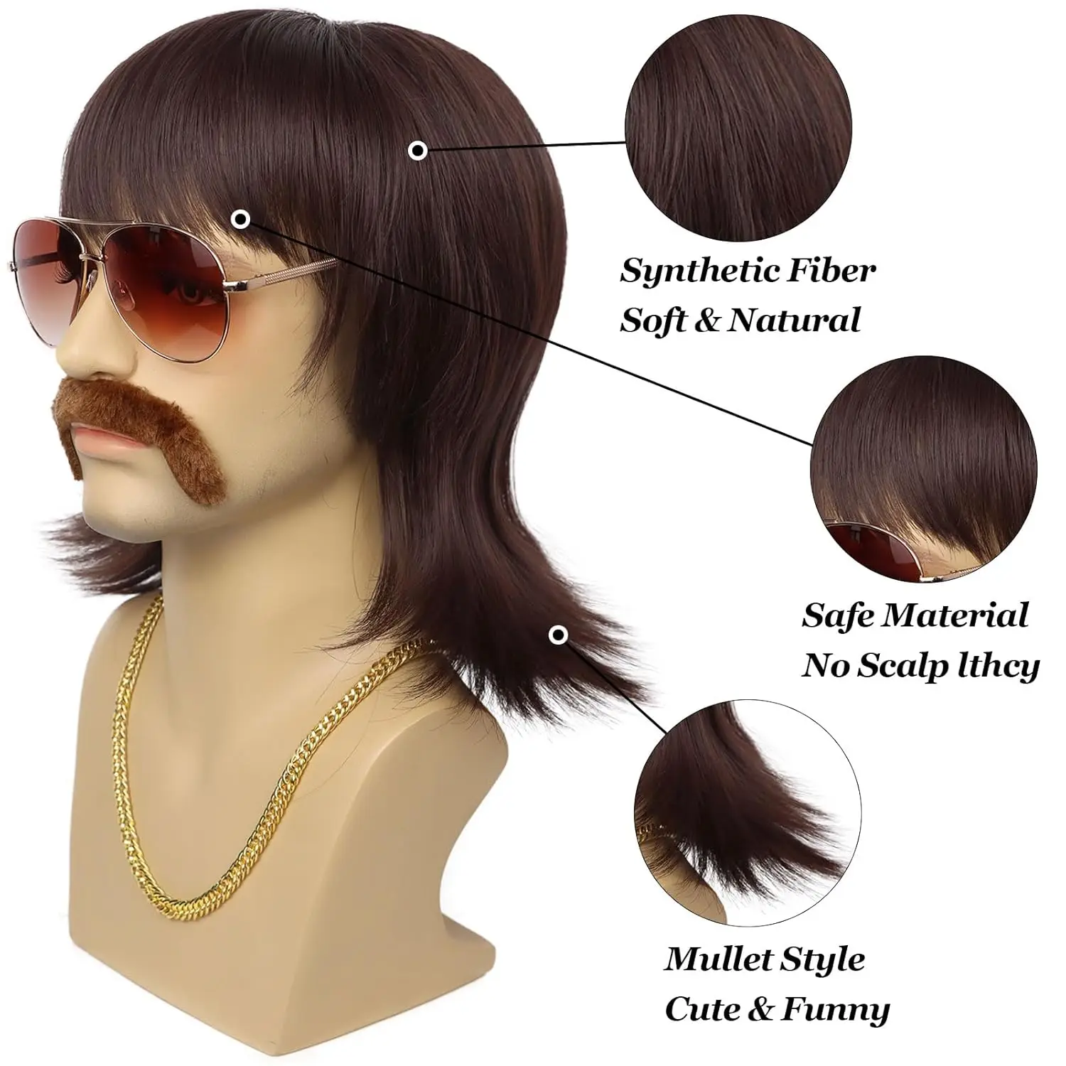 5PC Synthetic 70s 80s Disco Wig with Mustache Glasses and Chain Short Brown Mens Mullet for 60s Rocker Singer Hippies Costume