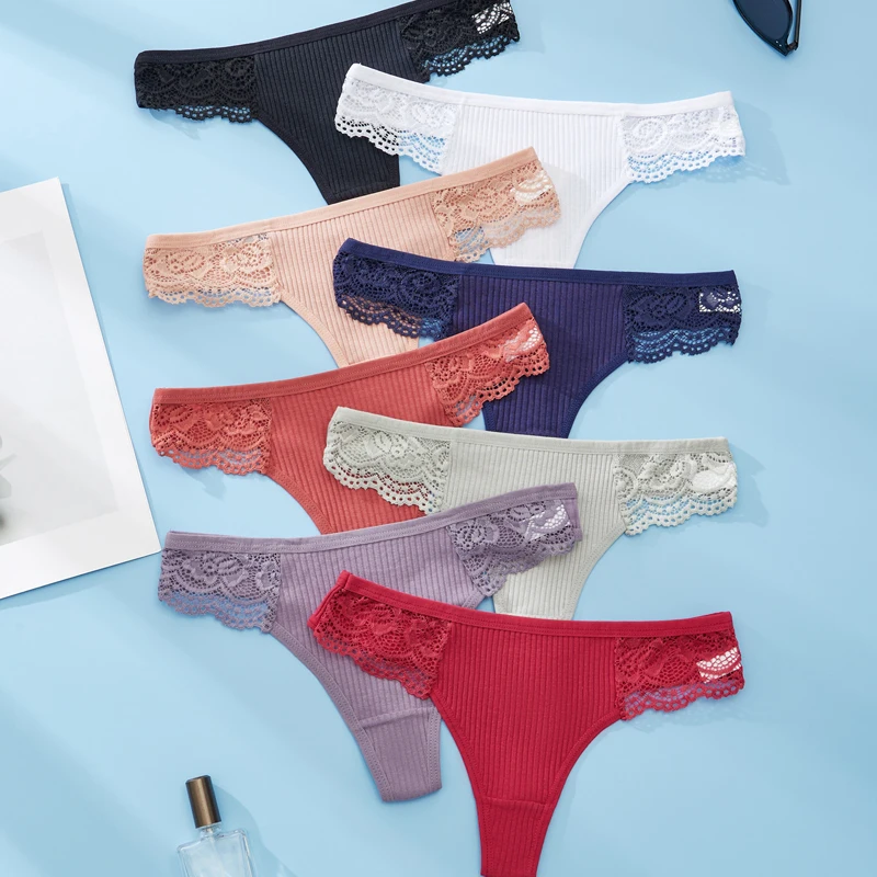 3-teiliges Sexy Tanga-Set mit Niedriger Taille aus Baumwolle, Atmungsaktive Komfortable Unterwäsche in Einfarbigem Design mit Spitzenbund, Weiche Damen-Slips