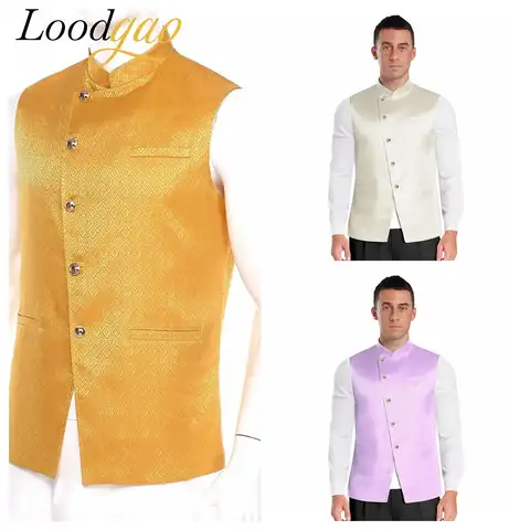 Men Ethnic Style Festive Button Closure Vest Traditional Indian Vests Banquet Weddings Costumes Sleeveless Formal Waistcoat