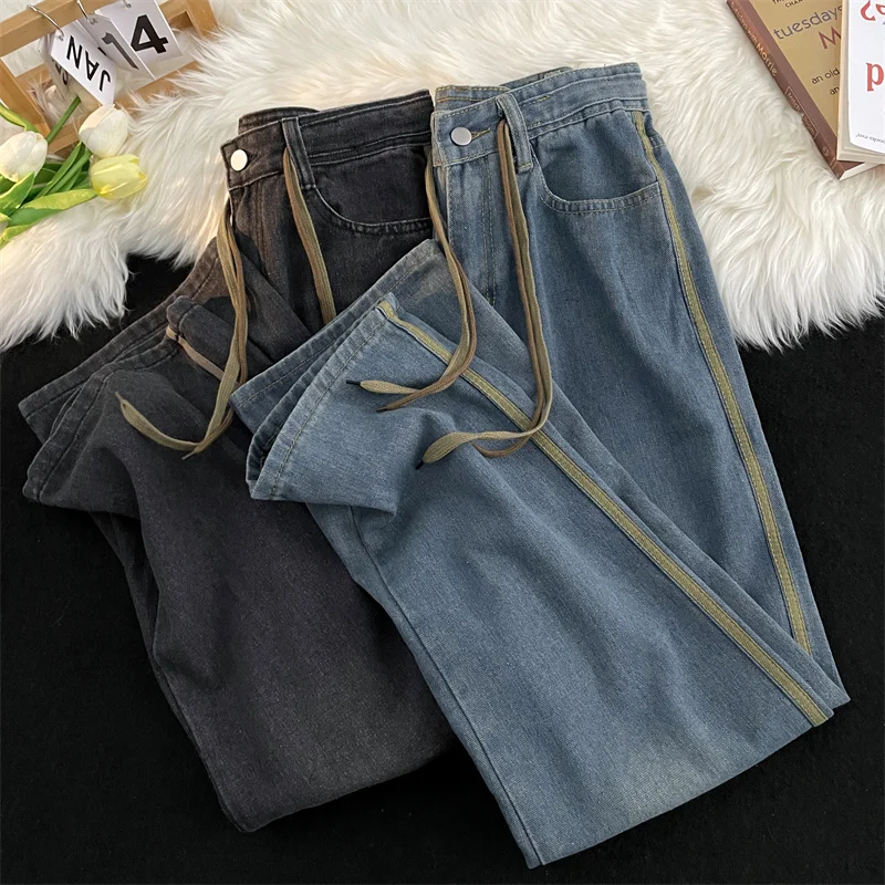 

Retro Dstring Denim Jeans Men's Summer Trendy American Sle Loose Straight Leg Wide Leg Long Pants High Street