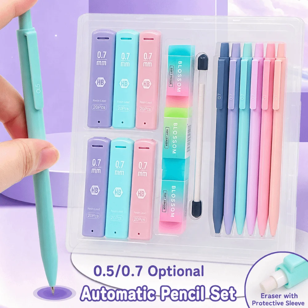 16pcs Kawaii Morandi Mechanical Pencil Set 0.5/0.7mm HB Automatic Pencils with Refills/Erasers Drafting Pencils Kit Students