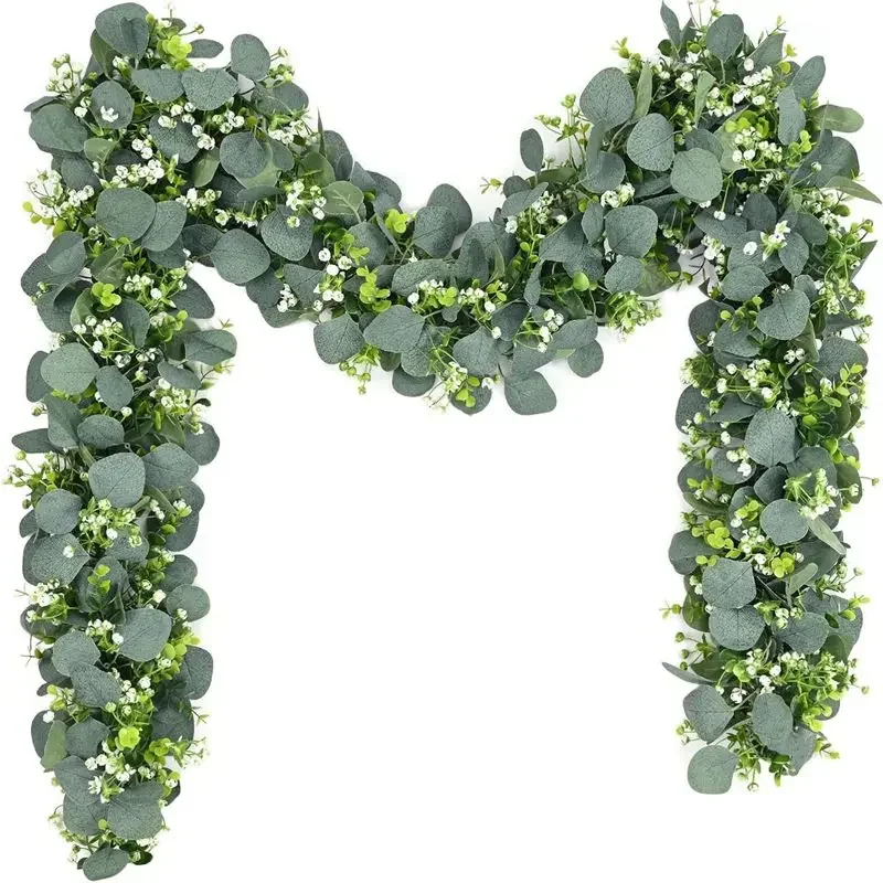 1pc Artificial Green Leaf Garland Imitation Eucalyptus Leaves Vine with White Flowers Berries for Wedding Home Party Decoration