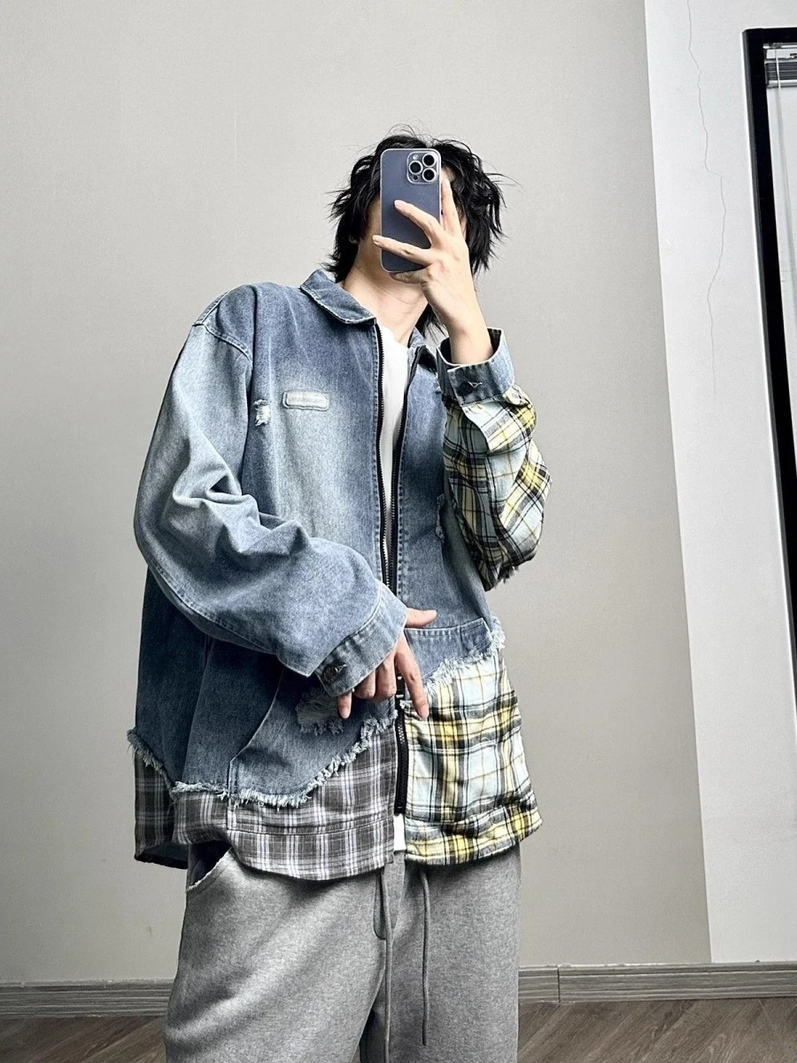 

Американский Sle, модный бренд, нерегулярная клетчатая джинсовая куртка с отверстиями, винтажная верхняя одежда INS Trend, молодежная спортивная одежда