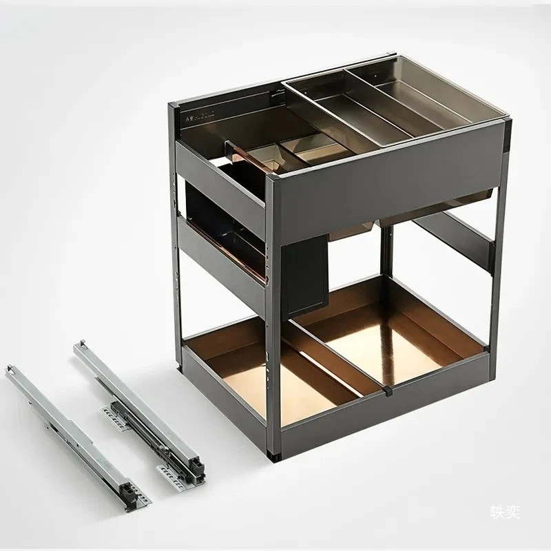 Kitchen seasoning basket drawer cabinet double-layer storage rack, built-in seasoning rack bowl rack