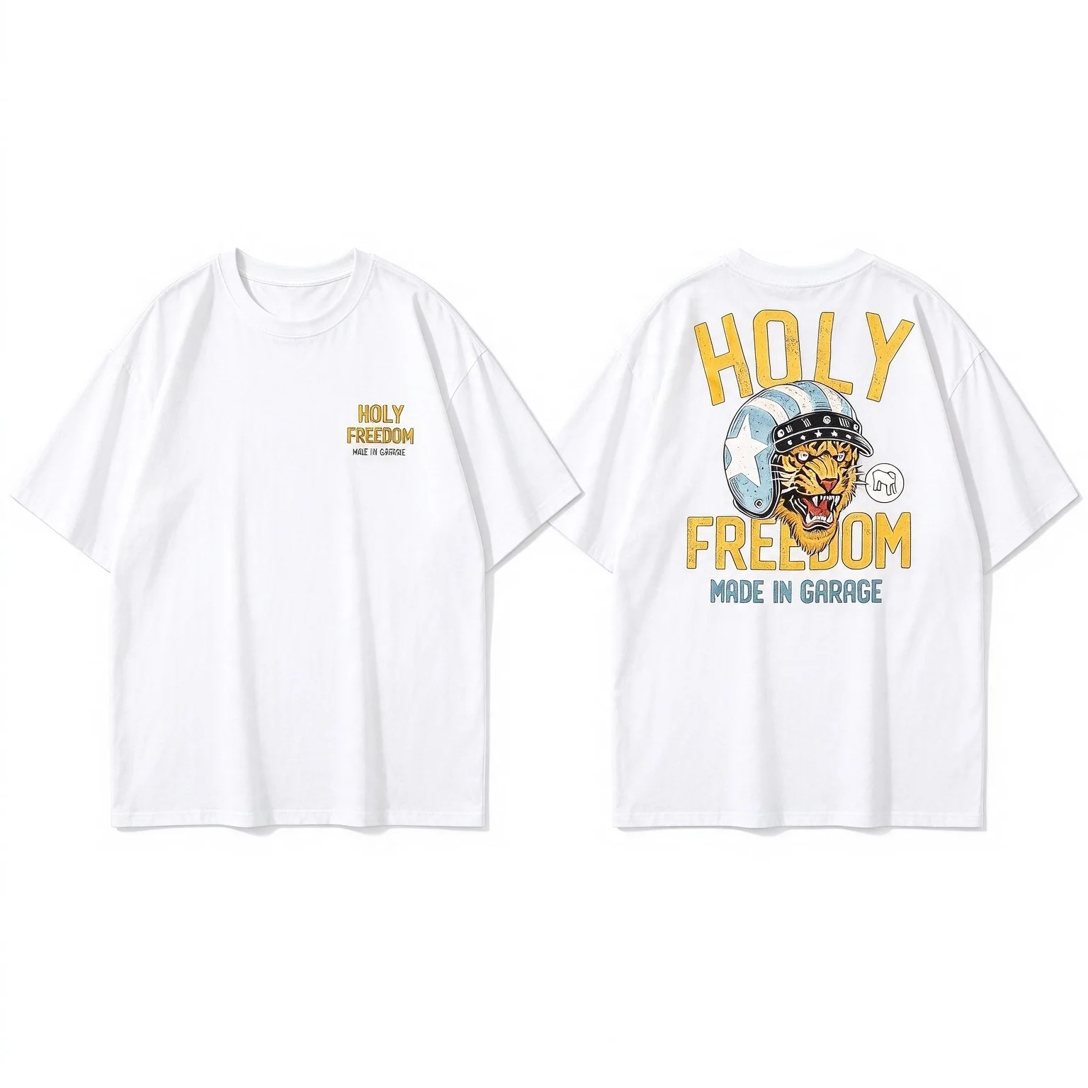 Holy Freedom Tiger Helmet Biker Vintage Graphic Tee T Shirt Men's Women's Unisex Cotton Retro Cool Oversized Short Sleeve Top