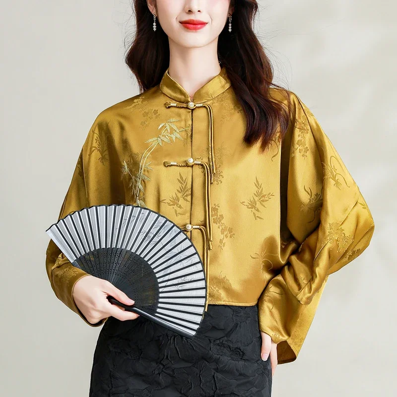 Satin Women\'s Shirts Spring/summer Print Chinese Style Blouses Loose Long Sleeves Vintage Women Tops Fashion Clothing