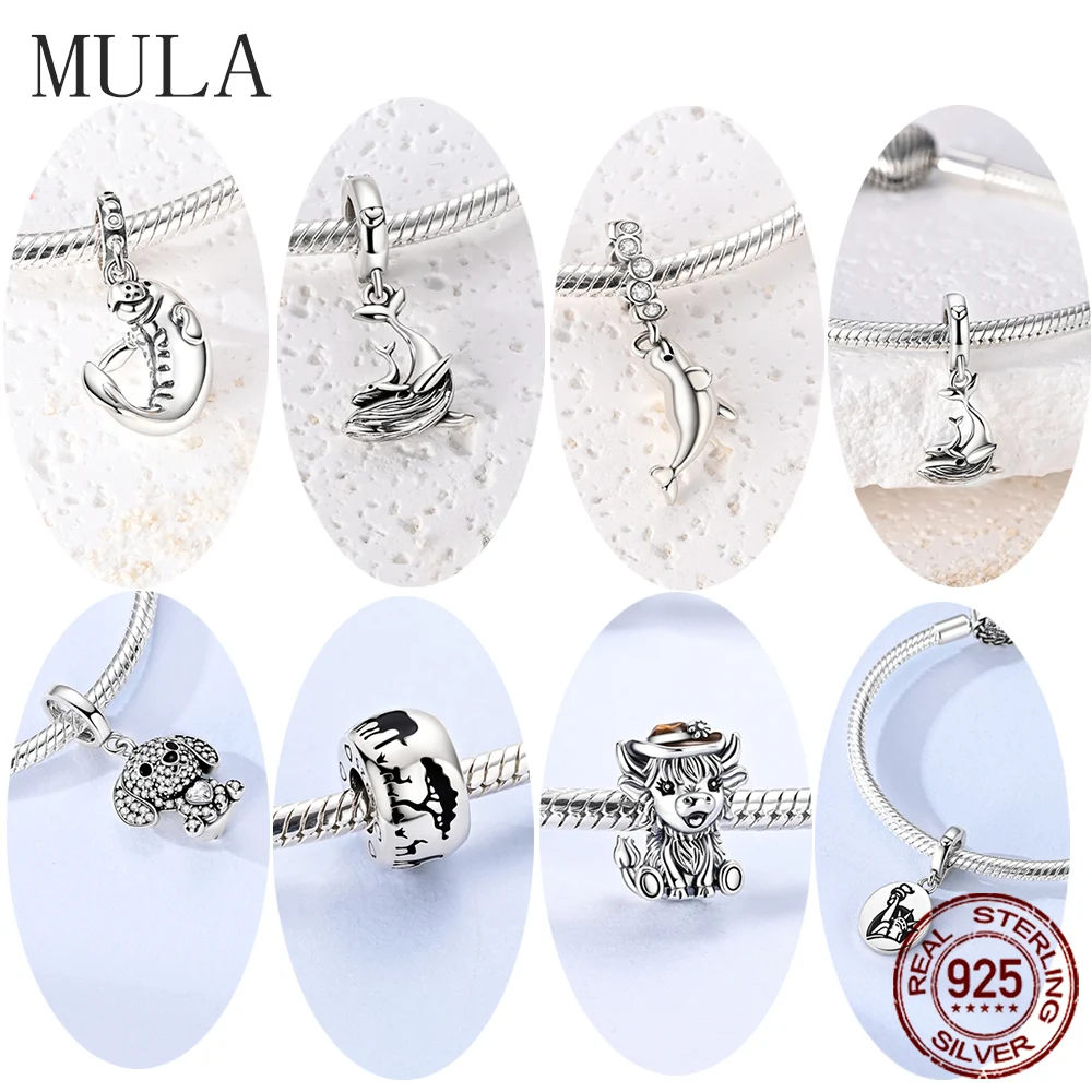 Neue Original Charm-Perlen Silber Wal Cowboy Highland-Rinder Charm-Perlen Passend für Anhänger Armband Damen Schmuck Geschenk