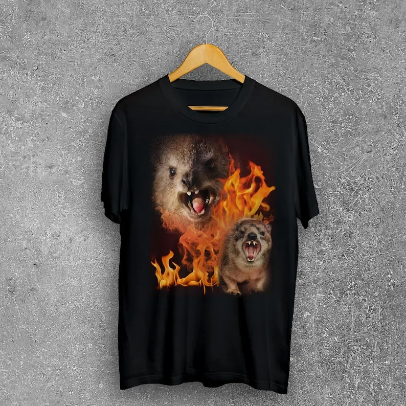 Funny Rock Hyrax Fire Meme Tee Shirt, Stupid Gifts, Cringe T-shirt, Ugly Shirts, Unhinged Clothes, Inappropriate Tees