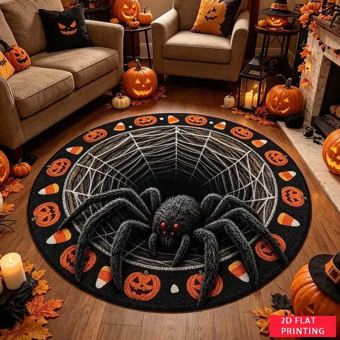Halloween Round Rug, 3D Spider Web Optical Illusion Print Carpet , Spooky Pumpkin and Candy Corn Holiday Decor Floor Mat