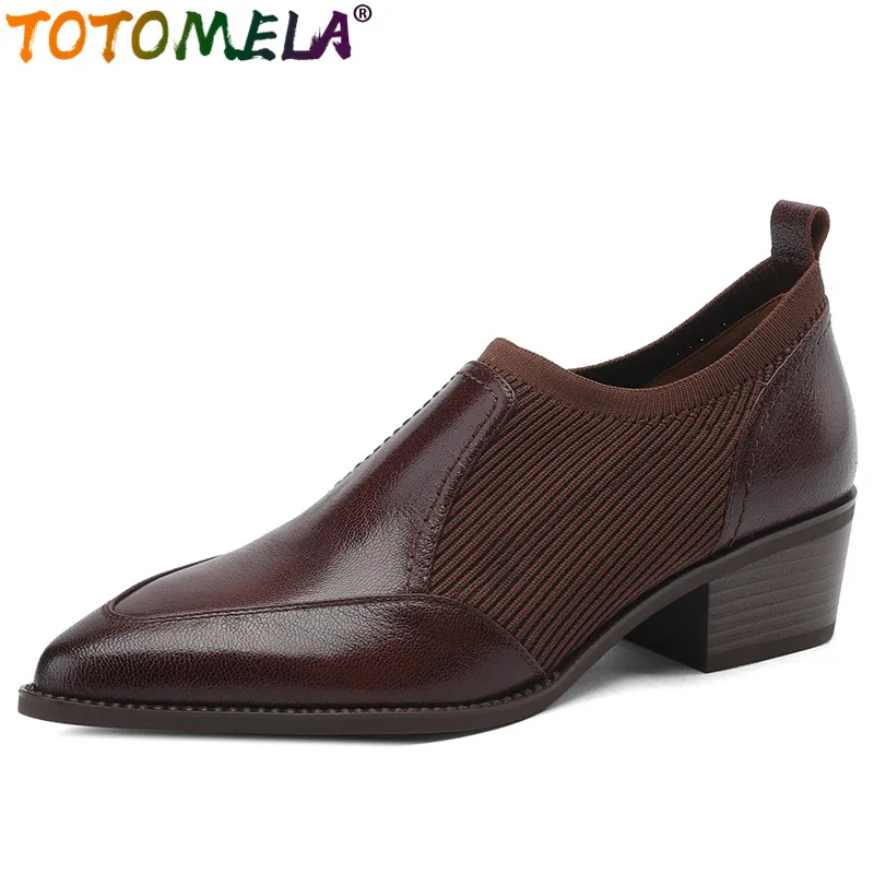 

TOTOMELA 2024 New Sheepskin Leather Sewing Women Shoes Female Pointed Toe Slip On Pumps Retro Square Med Heels Dress Shoes