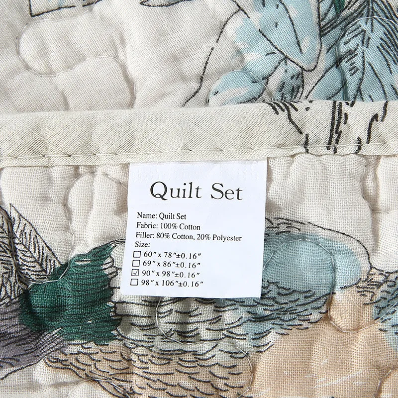 Home Cotton Quilt Set, Double Bedspread on the Bed, Birds Printed, Quilted Bed Cover Shams, Queen King Size, Coverlet Blanket