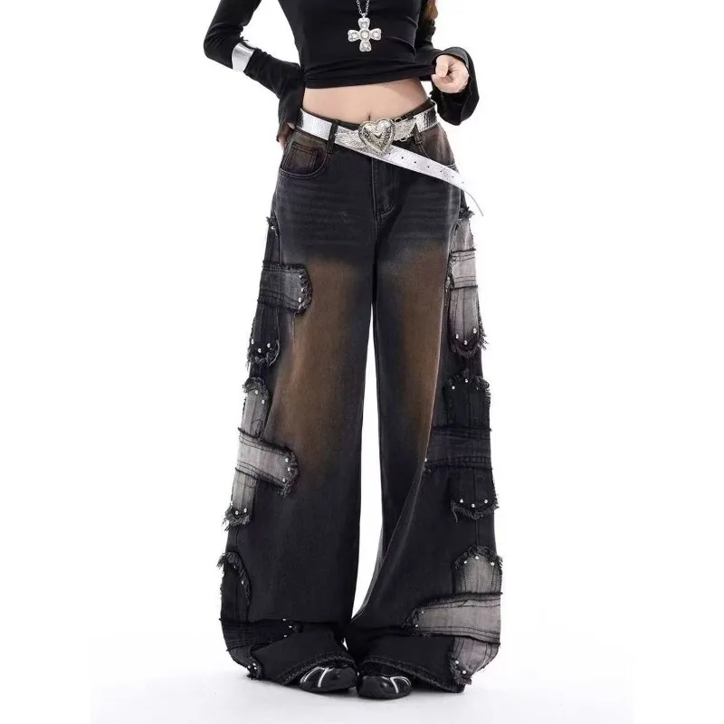 

Новые женские джинсы с нашивками Design Sense, осенние уличные широкие брюки, свободные брюки длиной до пола, женские повседневные джинсовые брюки