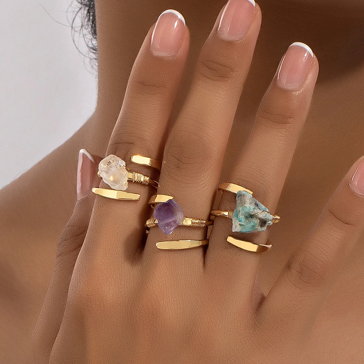 

Bohemian Handmade 3 Pcs Natural Raw Stone Rings Set For Women