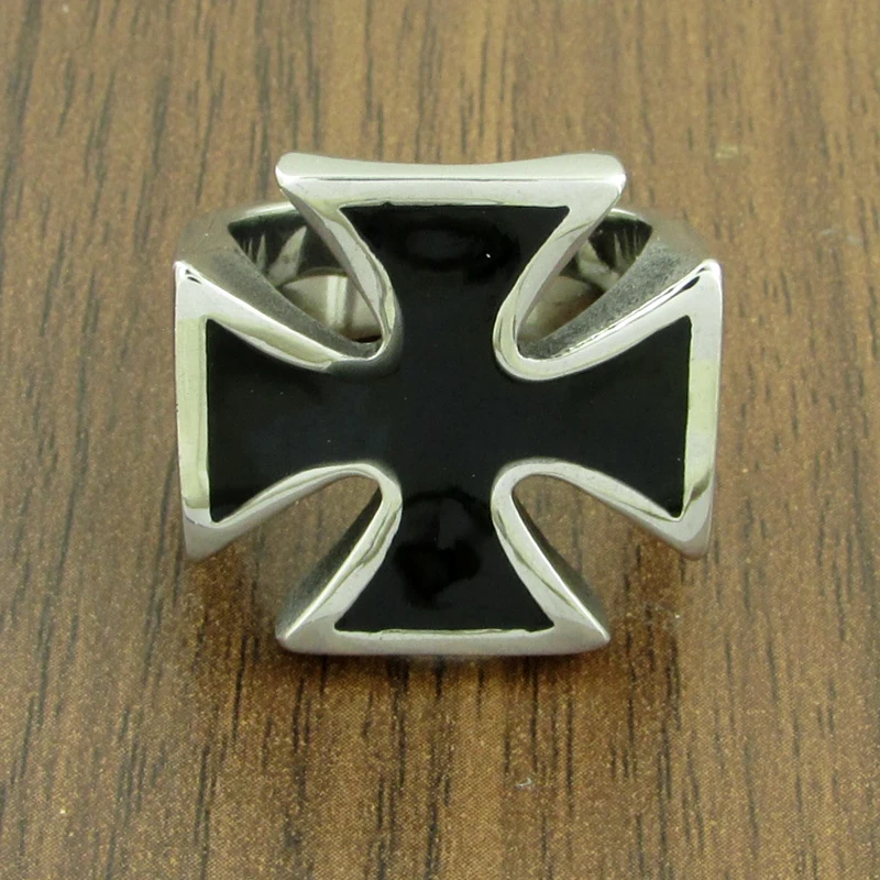 Punk US Size 7-14# 316L Stainless Steel High Quality Black Enamel Iron Cross Ring Man Biker Jewelry