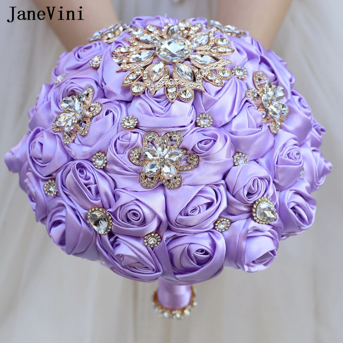 JaneVini Light Purple Bridal Bouquets Luxury Gold Rhinestone Handmade Satin Roses Bride Bouquet Crystal Flower for Wedding Gifts